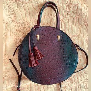 Faux leather circle deep maroon handbag purse crossbody rich jeweltone ostrich